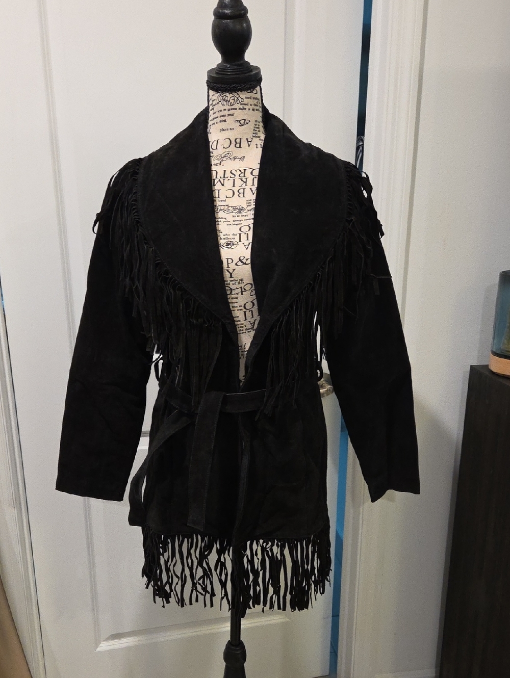 Wilsons Leather Black Suede Fringe Belted Jacket Size M!
